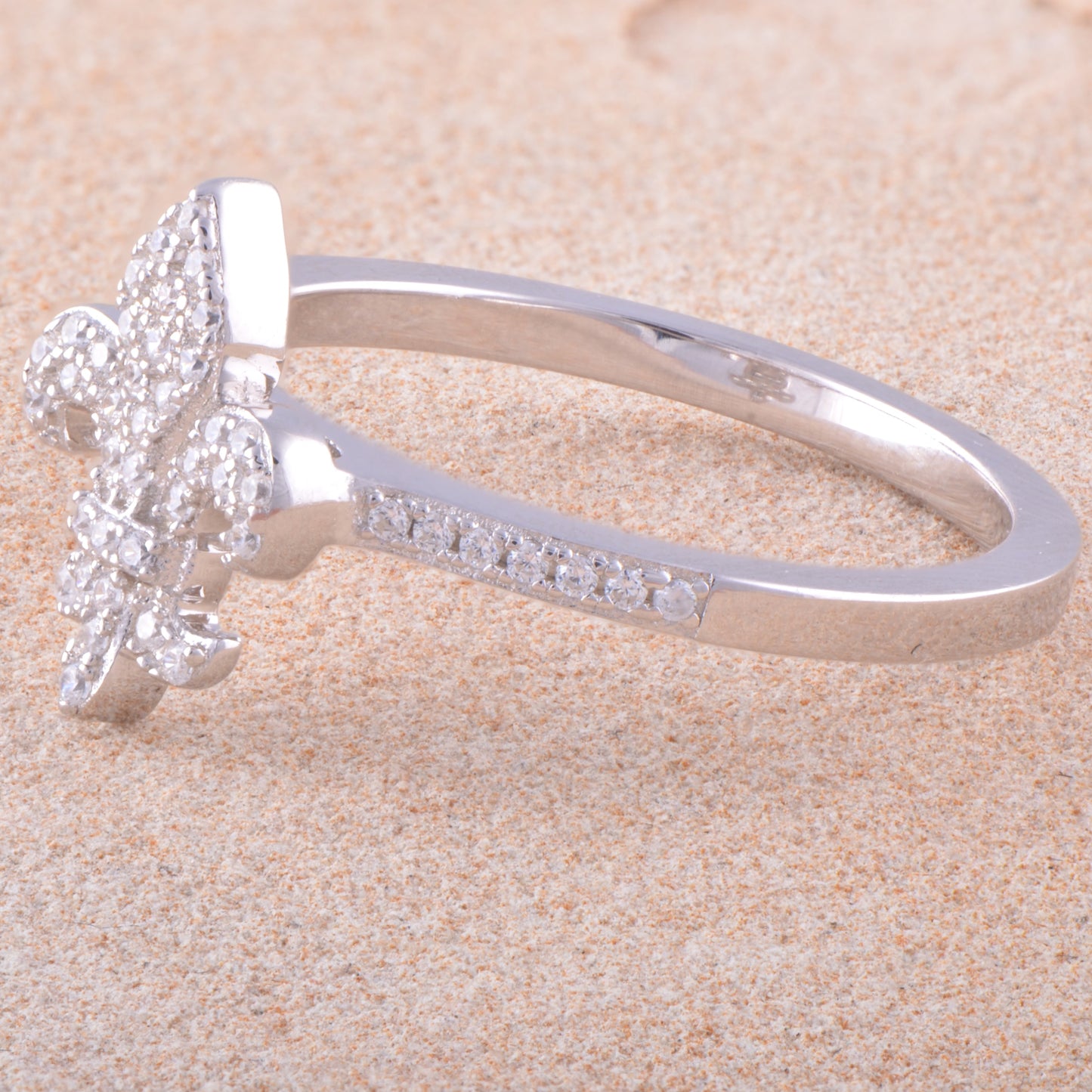 White Gold Over Sterling Silver Womens Cz Fleur De Lis Ring