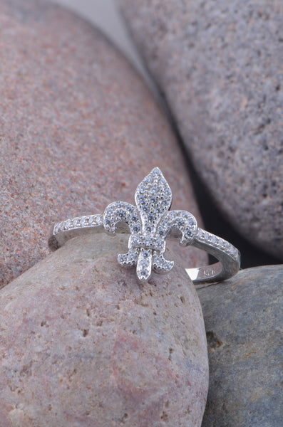 White Gold Over Sterling Silver Womens Cz Fleur De Lis Ring