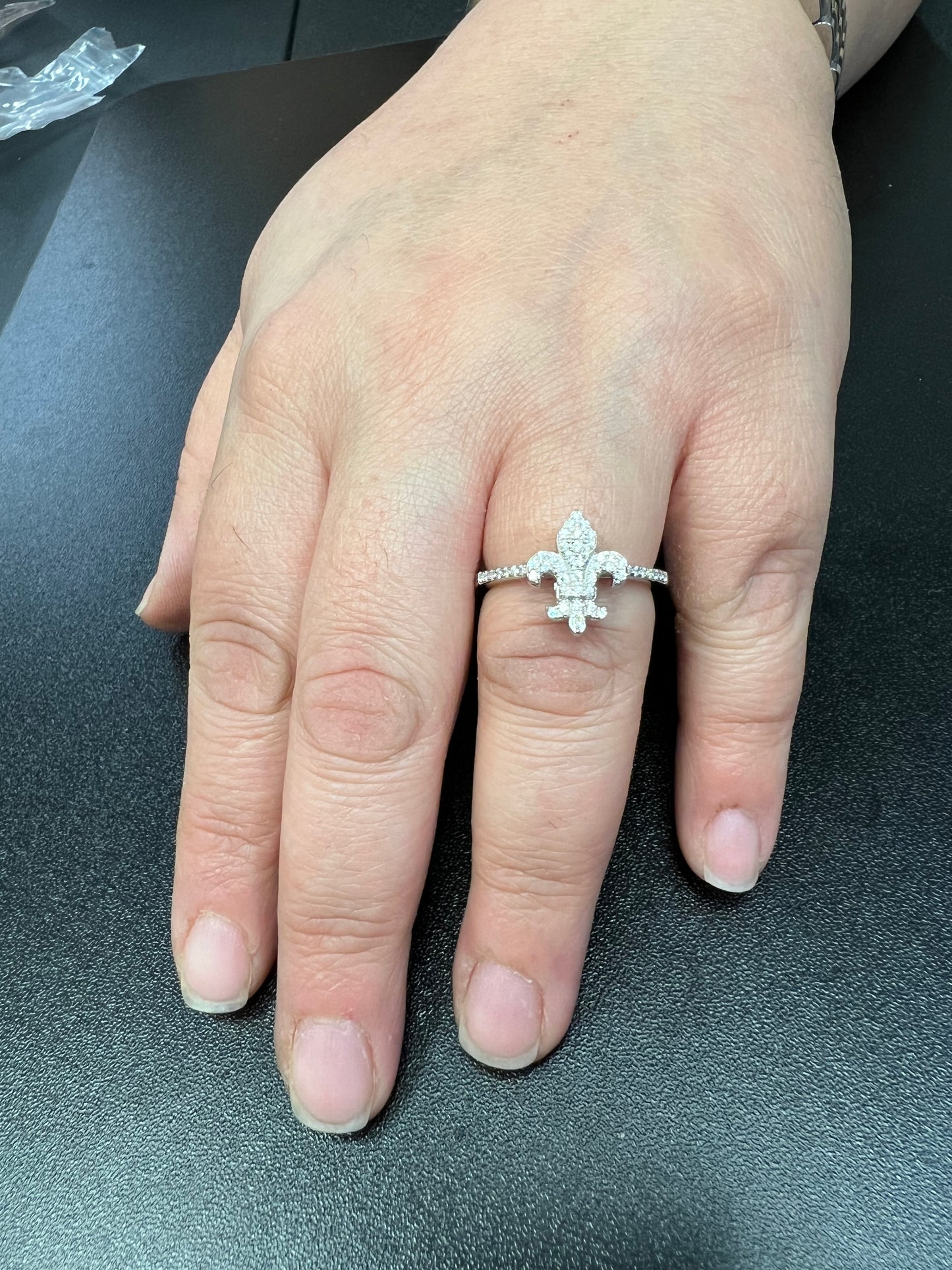 White Gold over Sterling Silver Women's CZ Fleur De Lis Ring