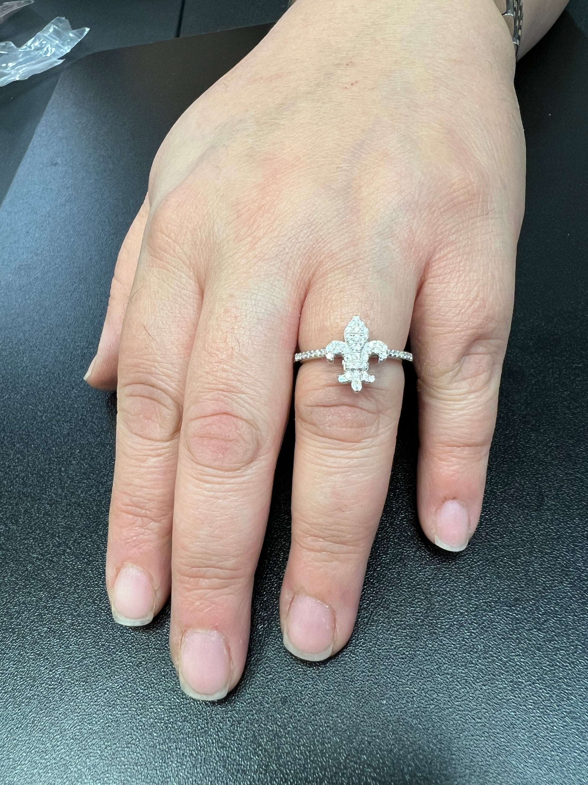 White Gold over Sterling Silver Women's CZ Fleur De Lis Ring