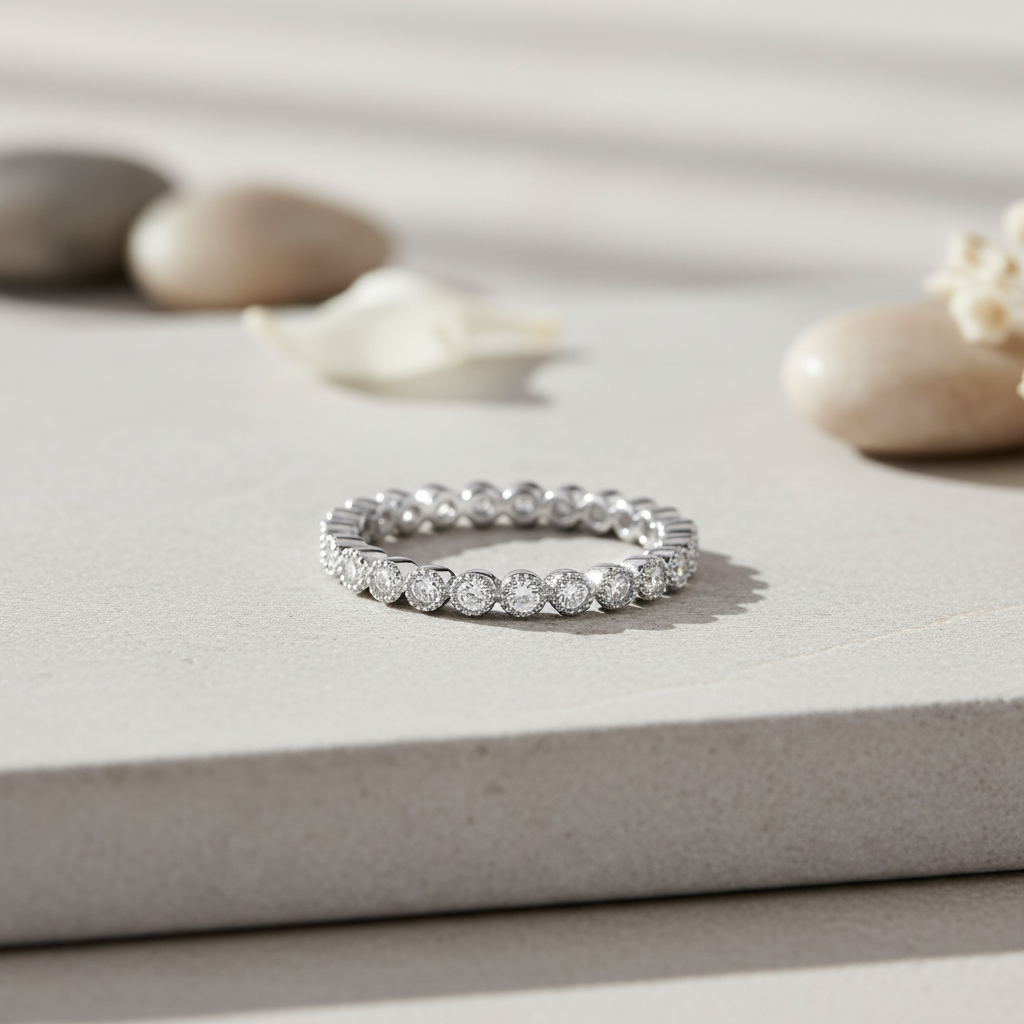 White Gold over Sterling Silver CZ Dainty Women's Stackable Eternity Band