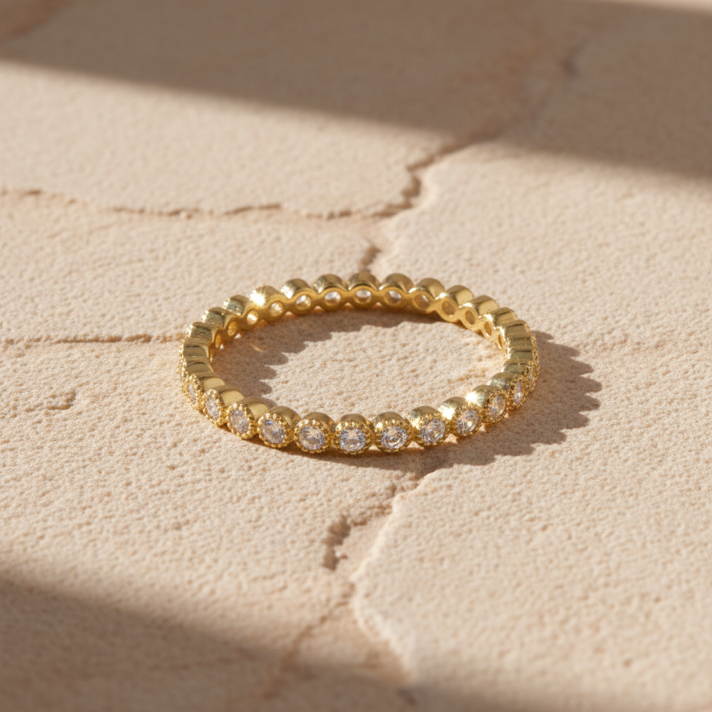 Yellow Gold Vermeil Sterling Silver CZ Womens Thin Stackable Eternity Ring