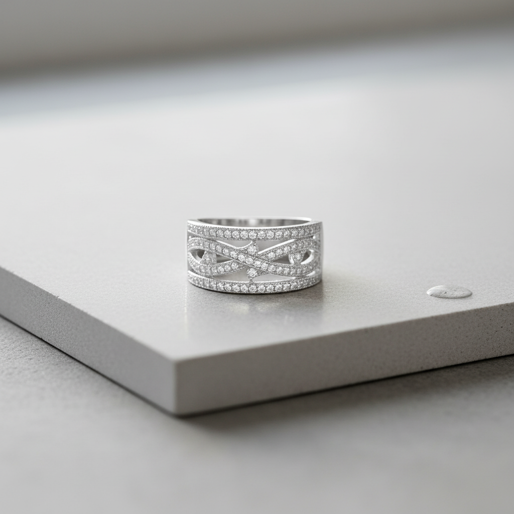White Gold over Sterling Silver Ladies CZ Wide Infinity Statement Ring