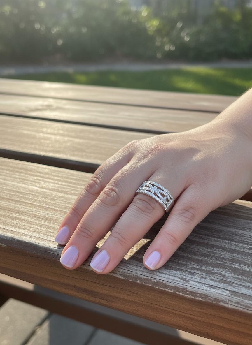 White Gold over Sterling Silver Ladies CZ Wide Infinity Statement Ring