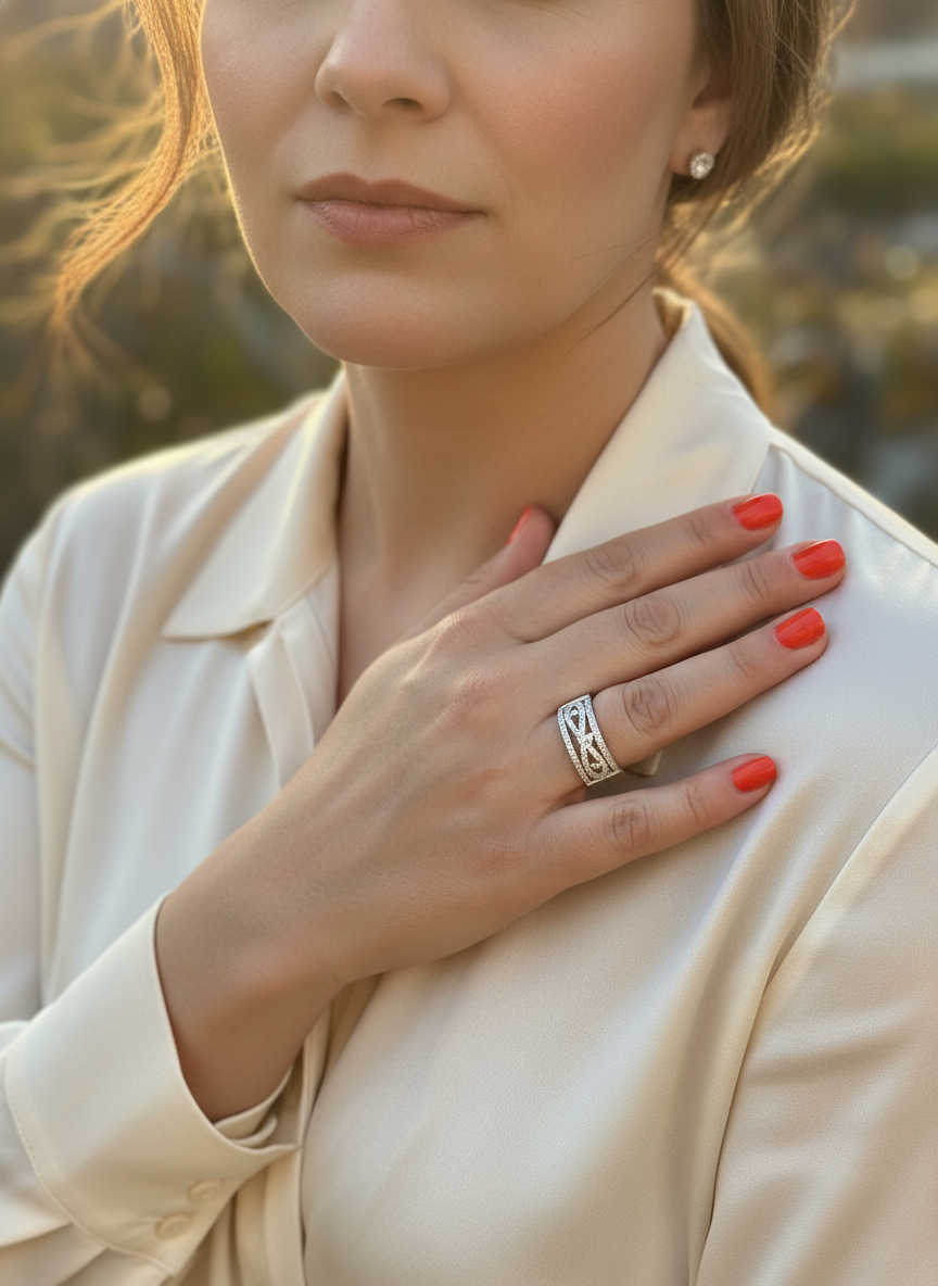 White Gold over Sterling Silver Ladies CZ Wide Infinity Statement Ring