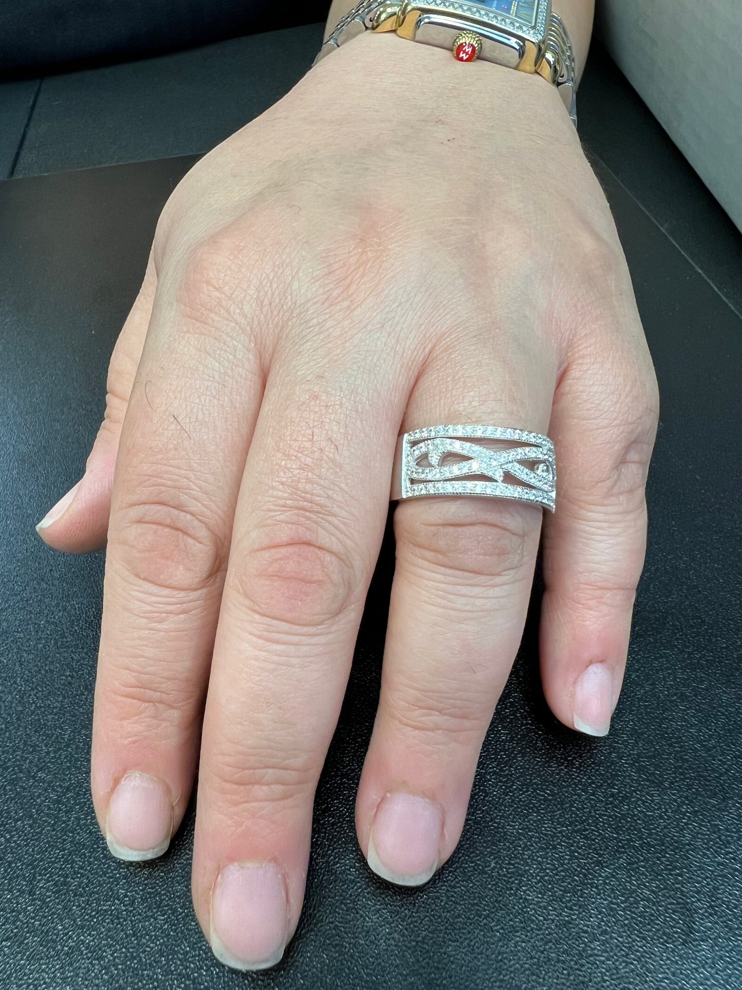 White Gold over Sterling Silver Ladies CZ Wide Infinity Statement Ring
