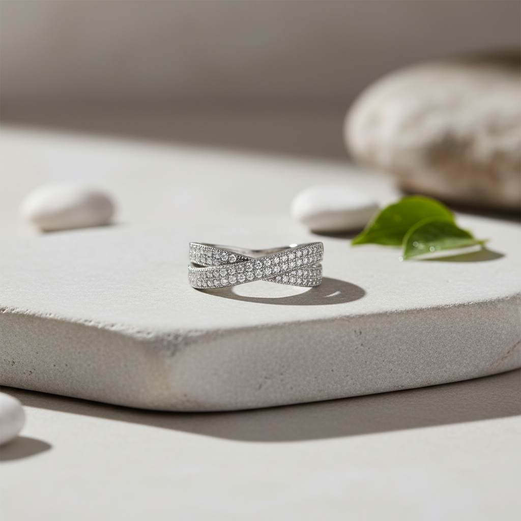 White Gold over Sterling Silver Women's CZ CrissCross X Ring