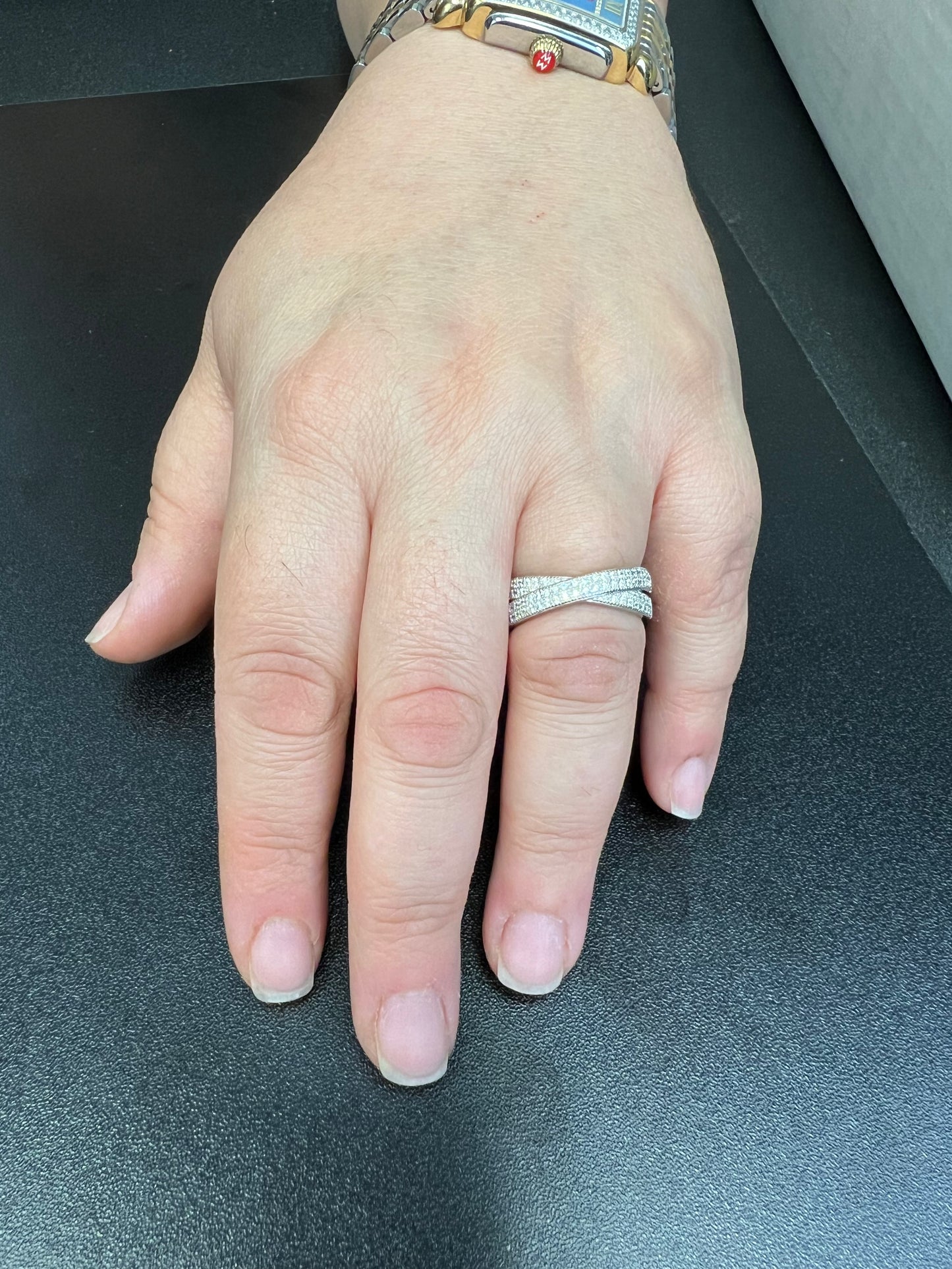 White Gold over Sterling Silver Women's CZ CrissCross X Ring
