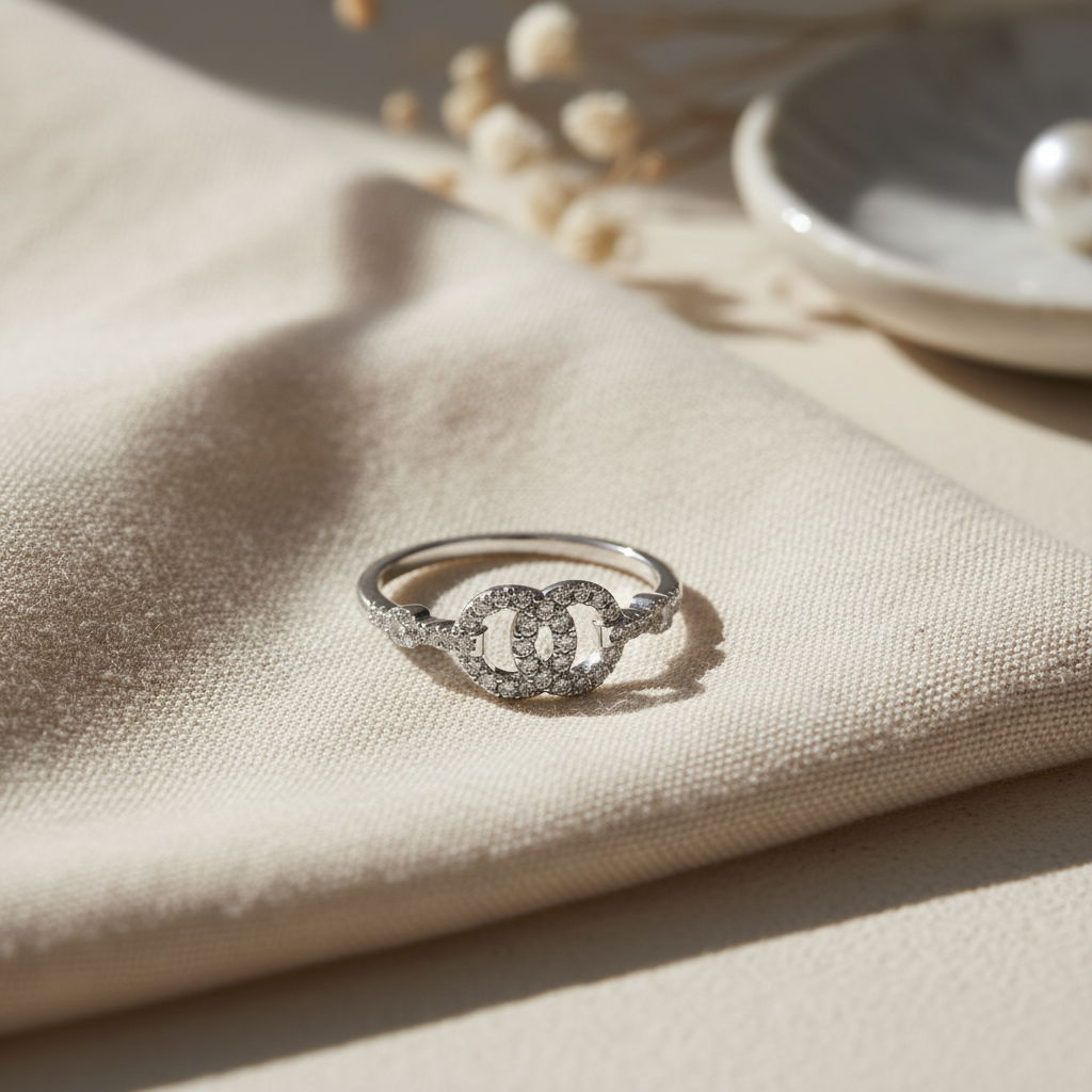 White Gold over Sterling Silver Women's CZ Two Circle Ring