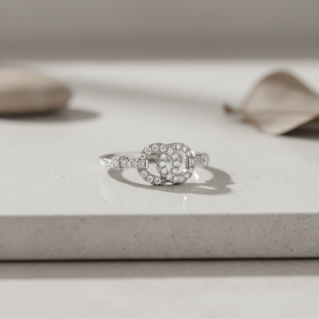 White Gold over Sterling Silver Women's CZ Two Circle Ring