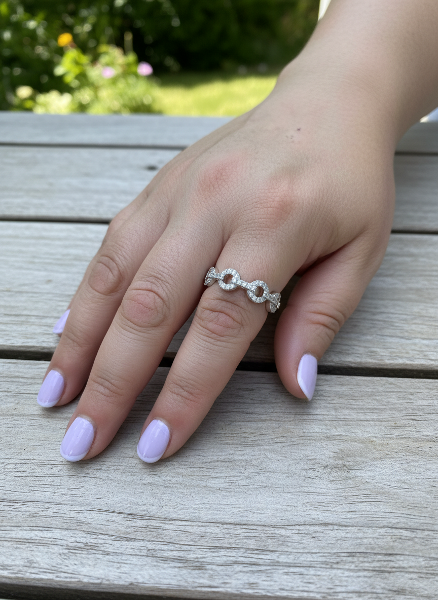 White Gold over Sterling Silver Ladies CZ Anchor Chain Ring