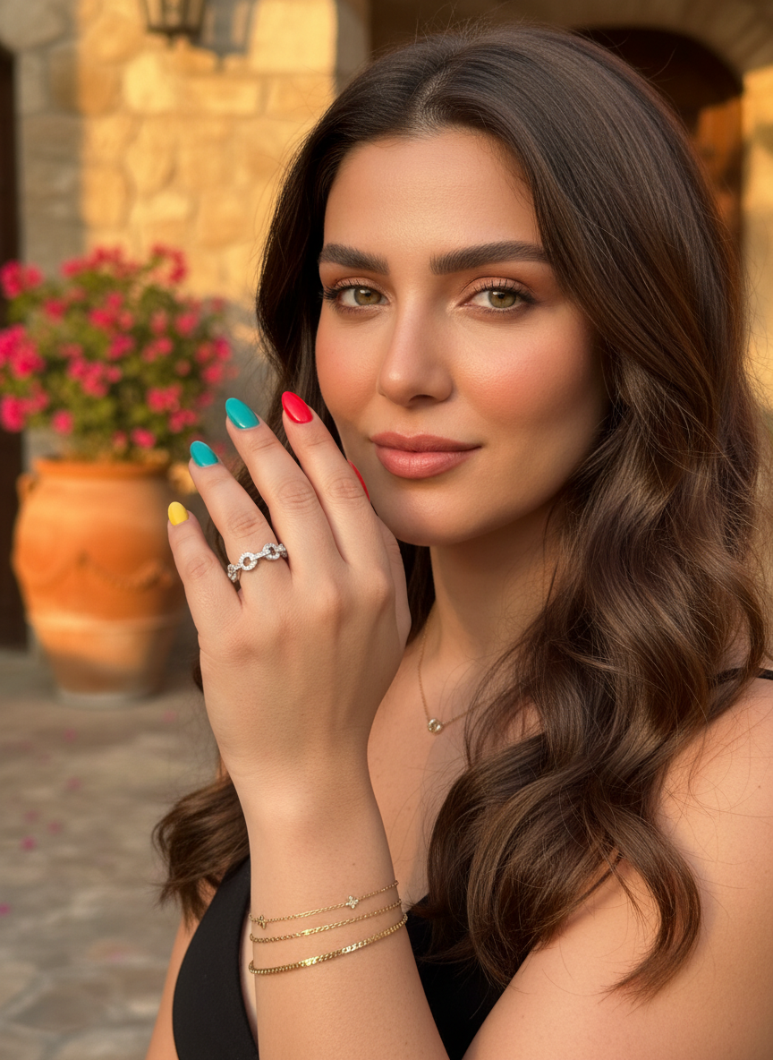 White Gold over Sterling Silver Ladies CZ Anchor Chain Ring