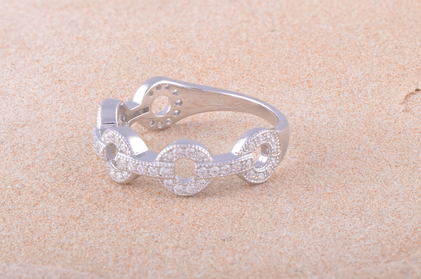 White Gold Over Sterling Silver Ladies Cz Anchor Chain Ring