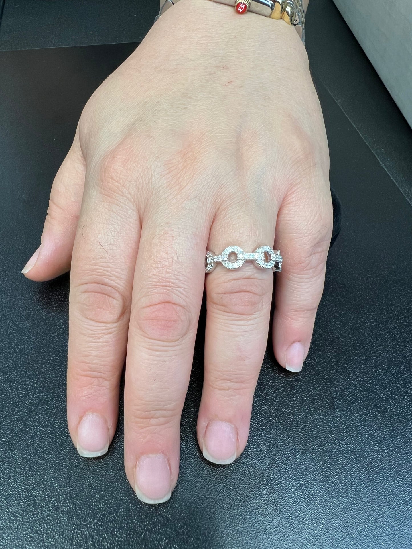 White Gold over Sterling Silver Ladies CZ Anchor Chain Ring