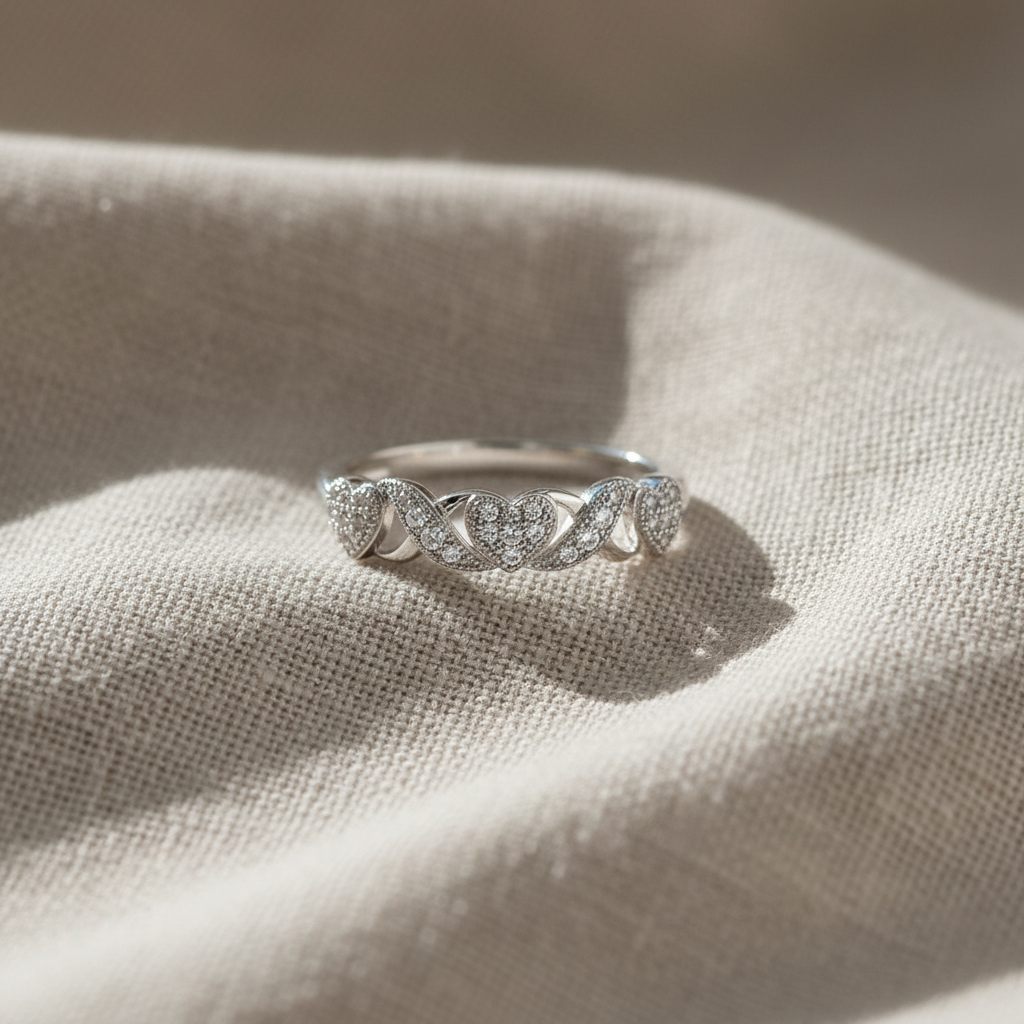 White Gold over Sterling Silver CZ Thin XO Heart Stackable Ring