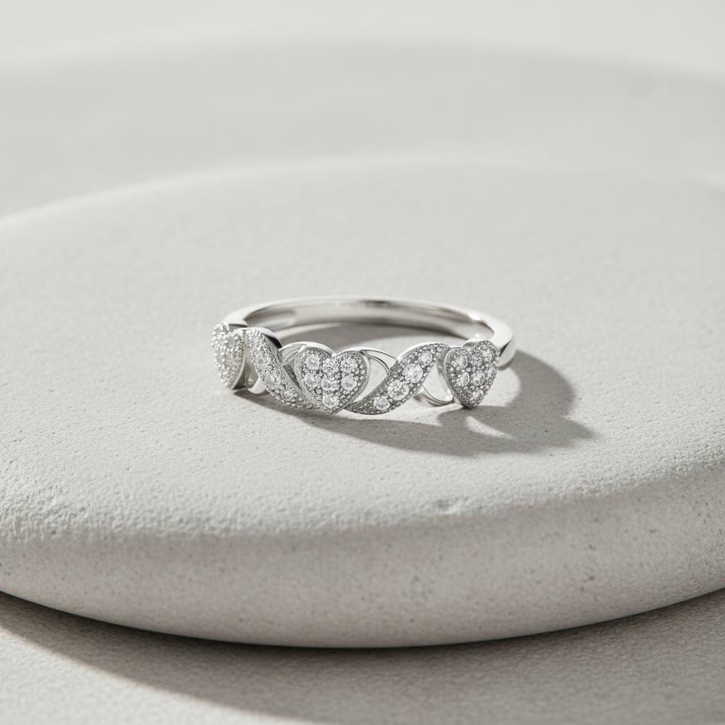 White Gold over Sterling Silver CZ Thin XO Heart Stackable Ring