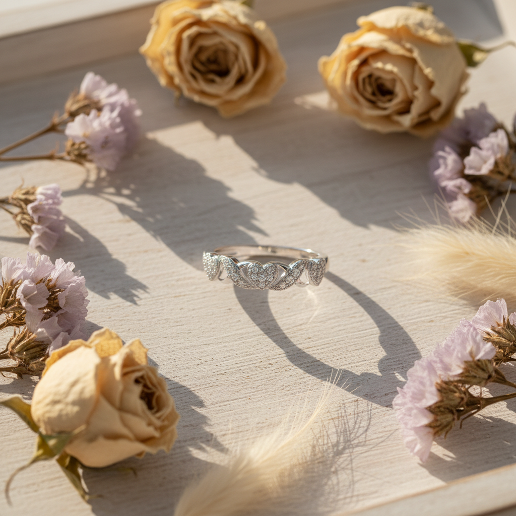 White Gold over Sterling Silver CZ Thin XO Heart Stackable Ring
