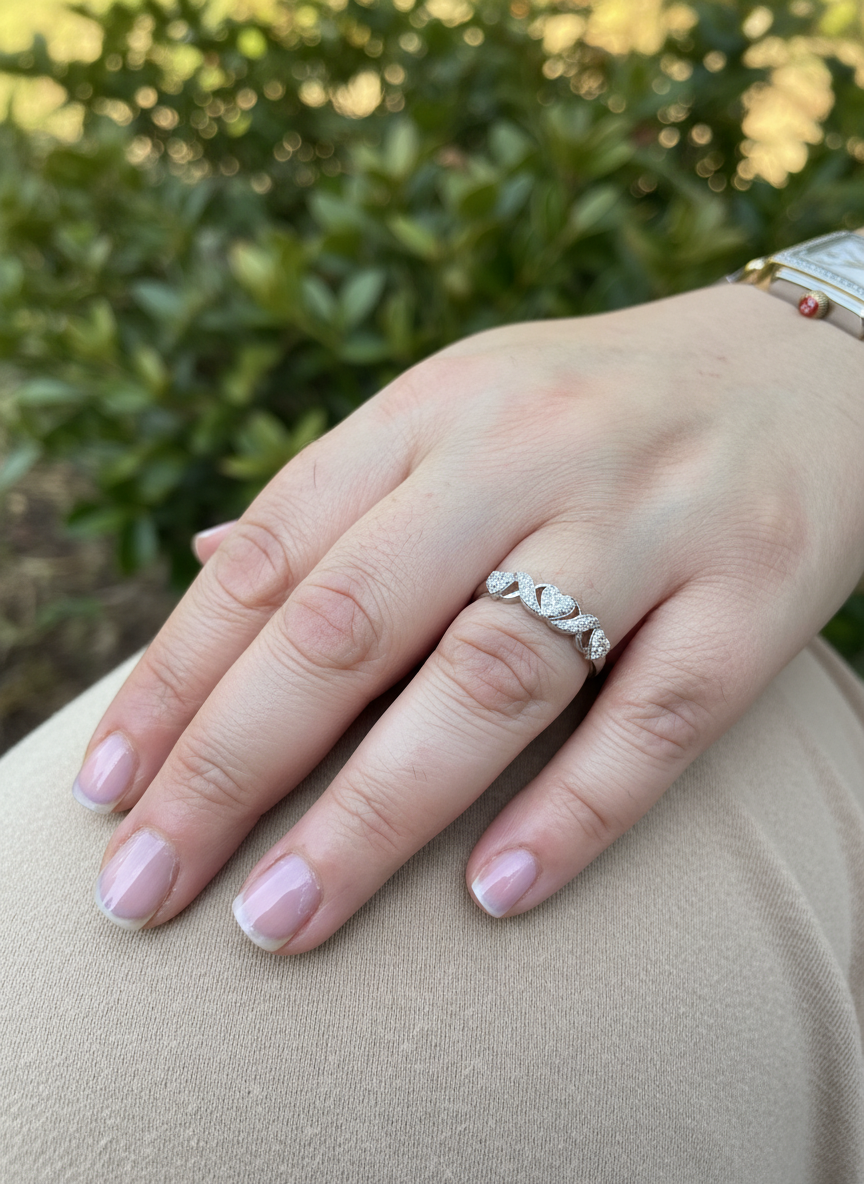 White Gold over Sterling Silver CZ Thin XO Heart Stackable Ring