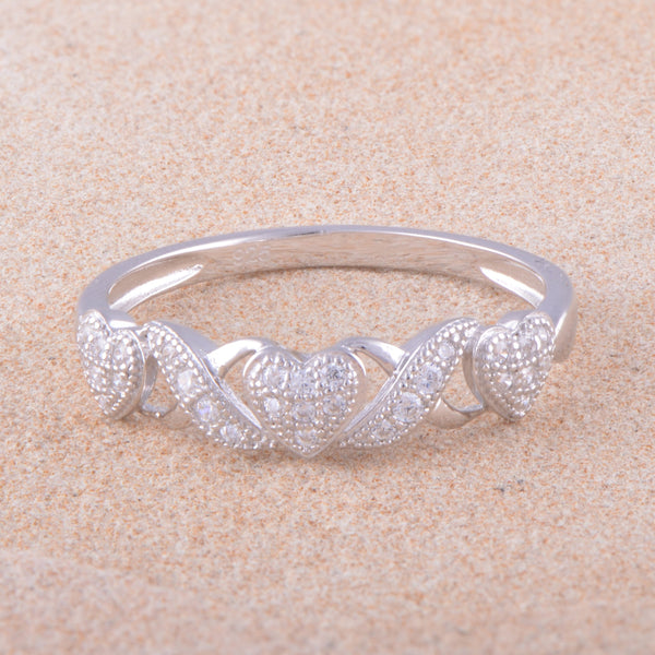 White Gold Over Sterling Silver Cz Thin XO Heart Stackable Ring
