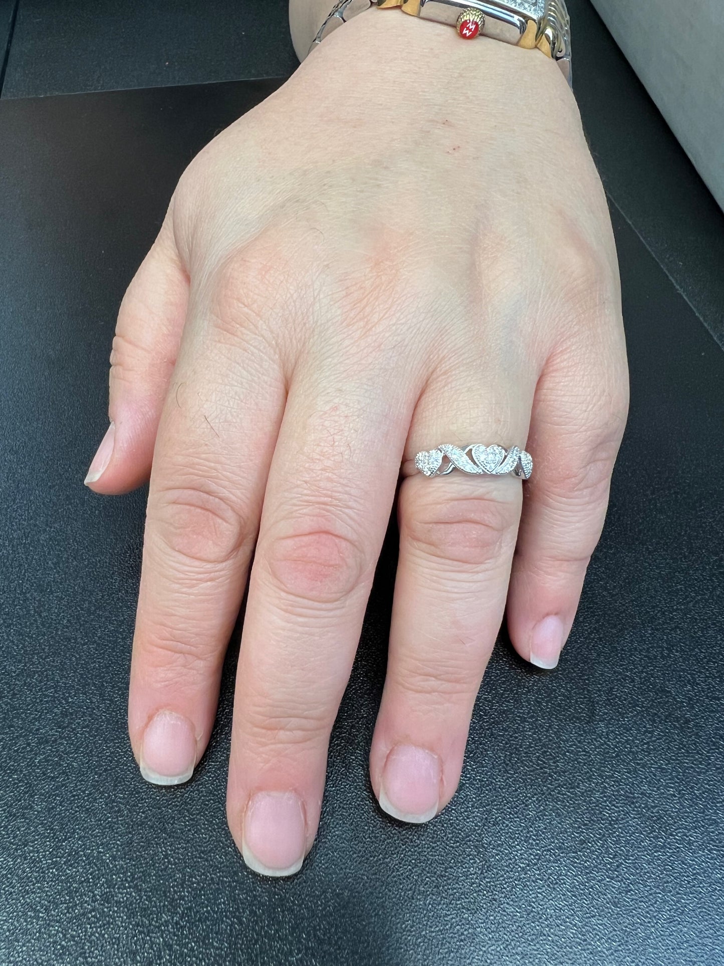 White Gold over Sterling Silver CZ Thin XO Heart Stackable Ring
