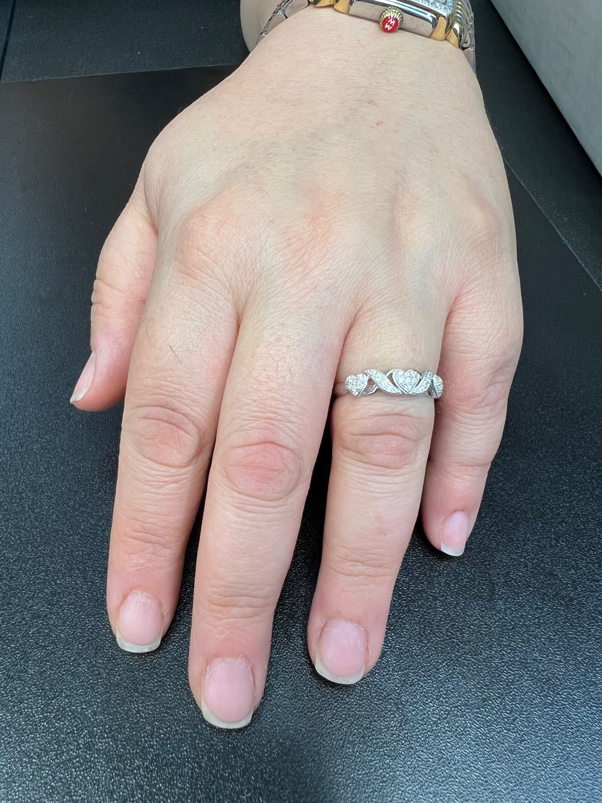White Gold over Sterling Silver CZ Thin XO Heart Stackable Ring