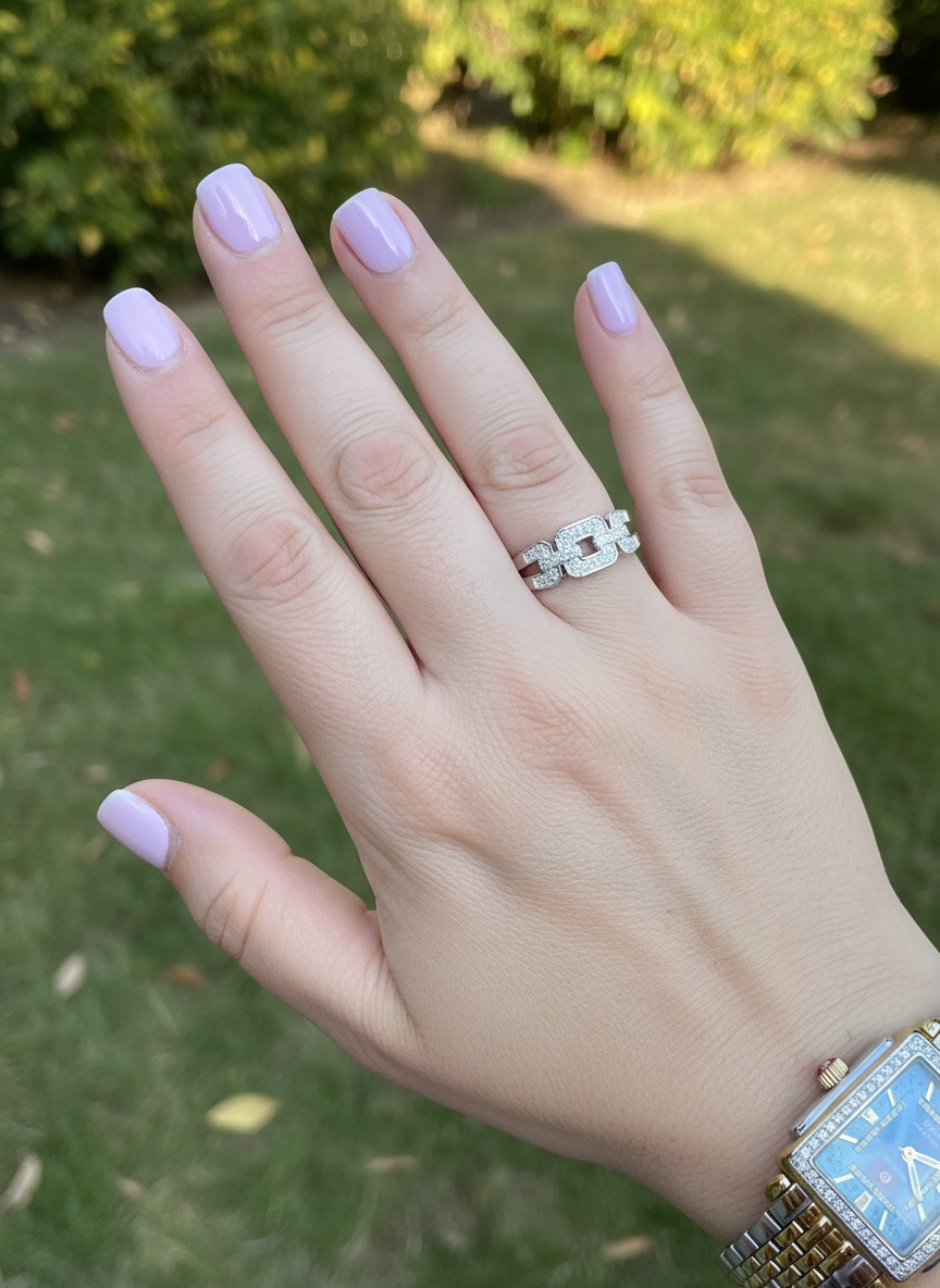 White Gold over Sterling Silver Women's CZ Square Chain Link Ring