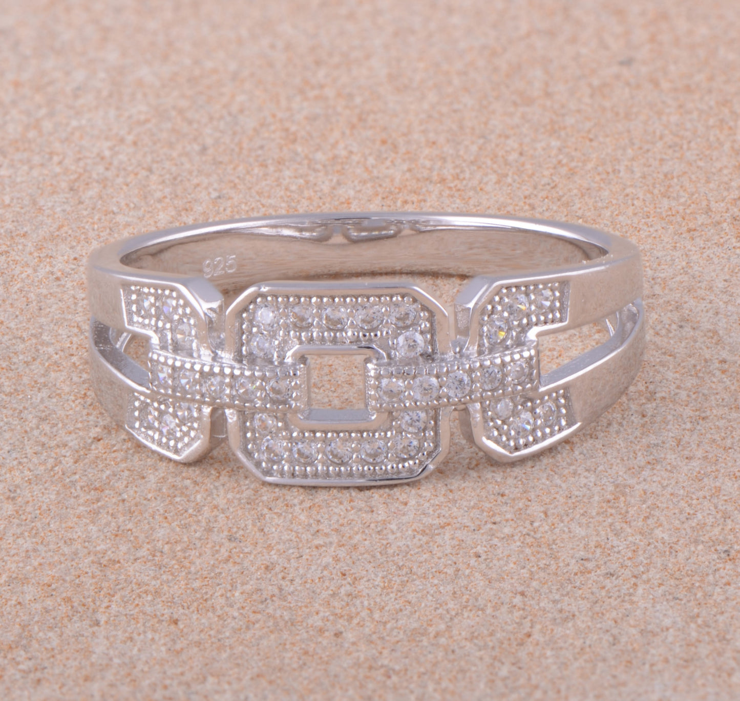 White Gold Over Sterling Silver Womens Cz Square Chain Link Ring