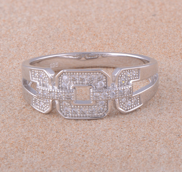 White Gold Over Sterling Silver Womens Cz Square Chain Link Ring