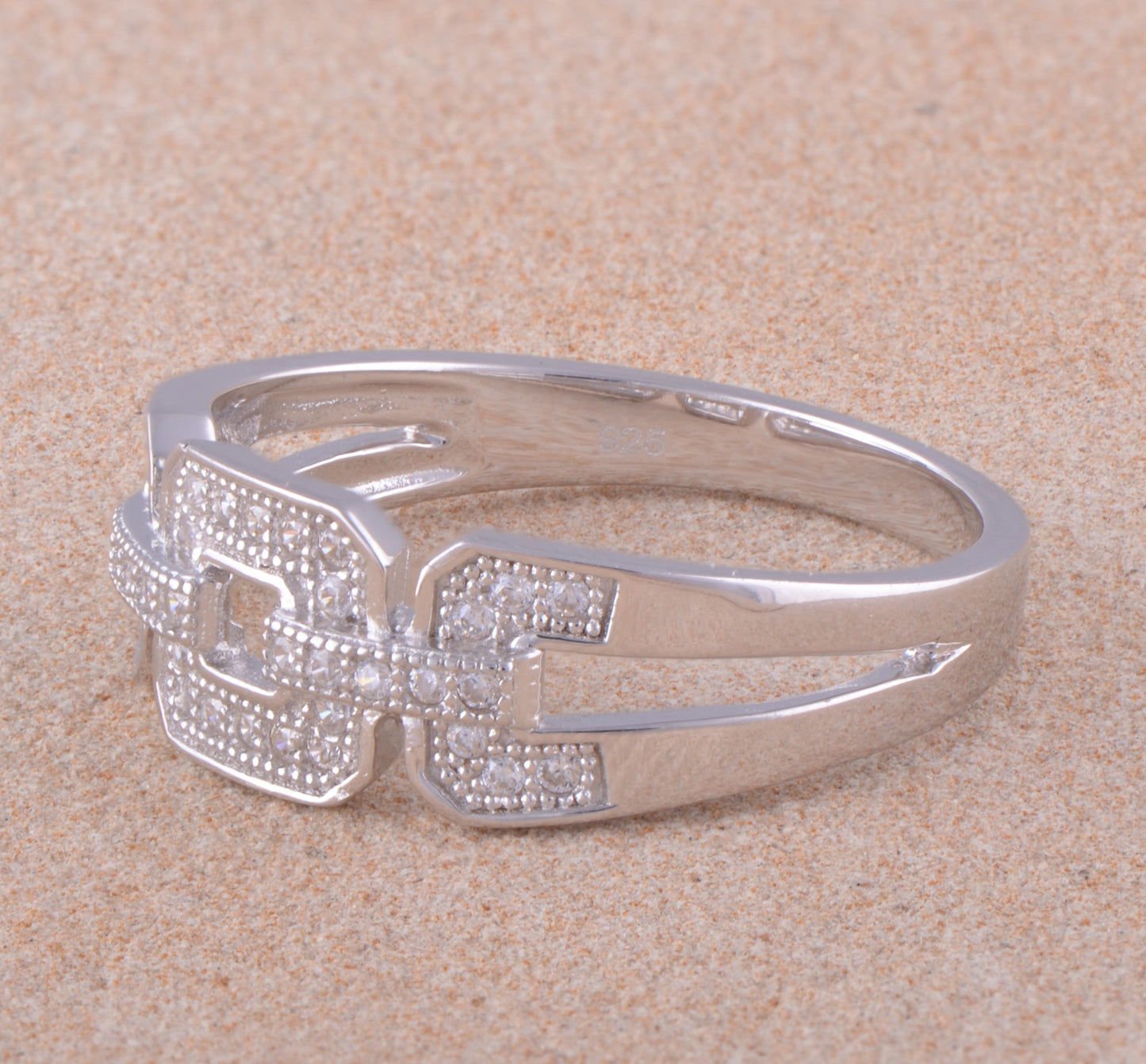 White Gold Over Sterling Silver Womens Cz Square Chain Link Ring