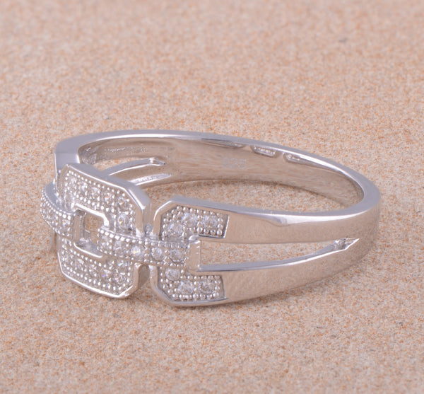 White Gold Over Sterling Silver Womens Cz Square Chain Link Ring