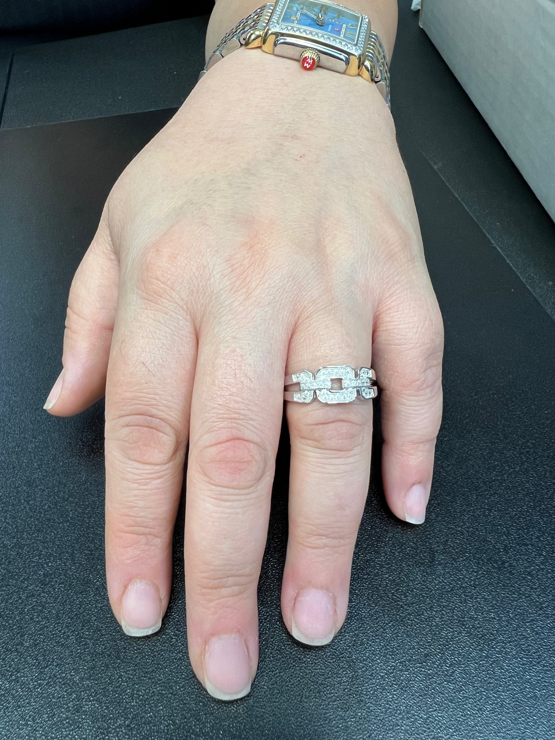 White Gold over Sterling Silver Women's CZ Square Chain Link Ring