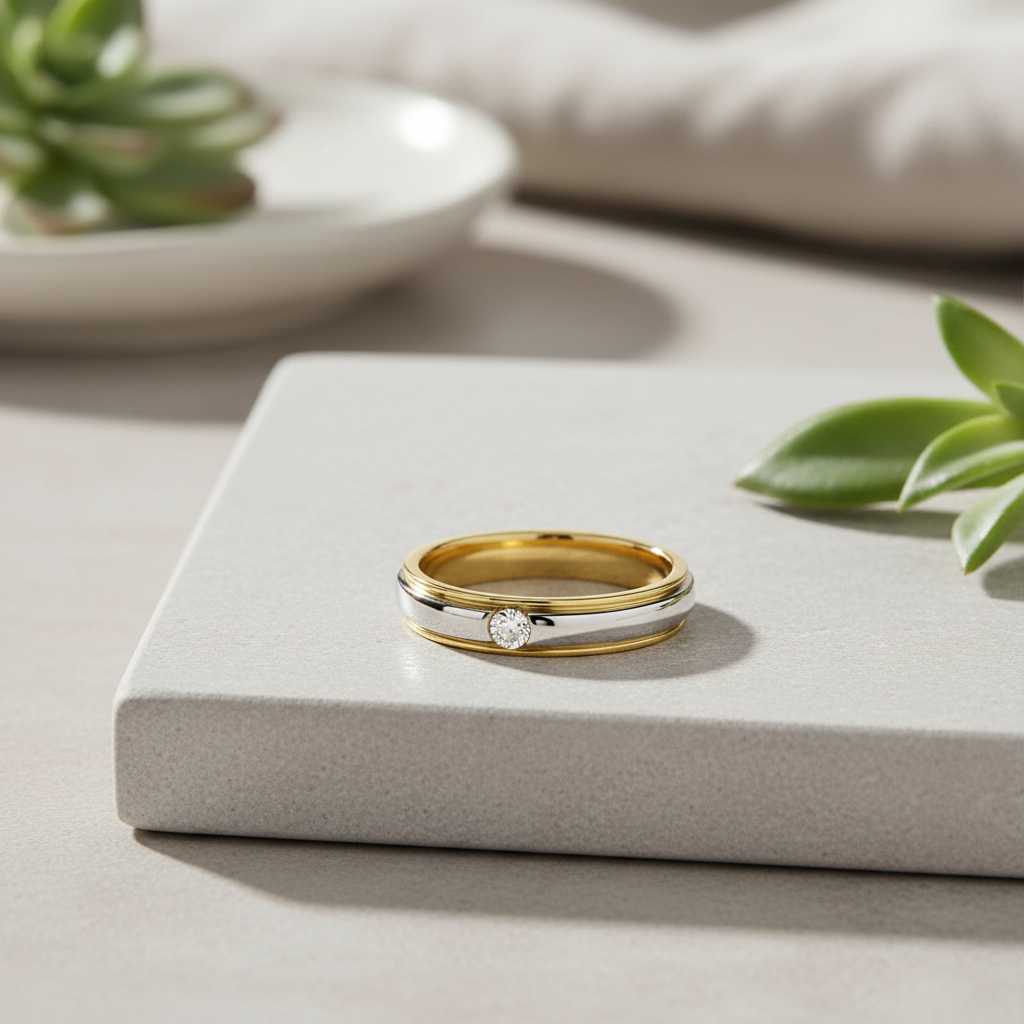 Yellow Gold Dipped Women's Striped Moissanite Solitaire Ring
