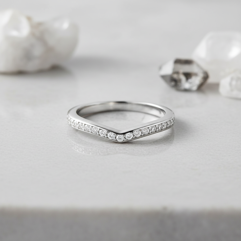 White Gold over Sterling Silver Women's CZ Stacking Thin V Ring