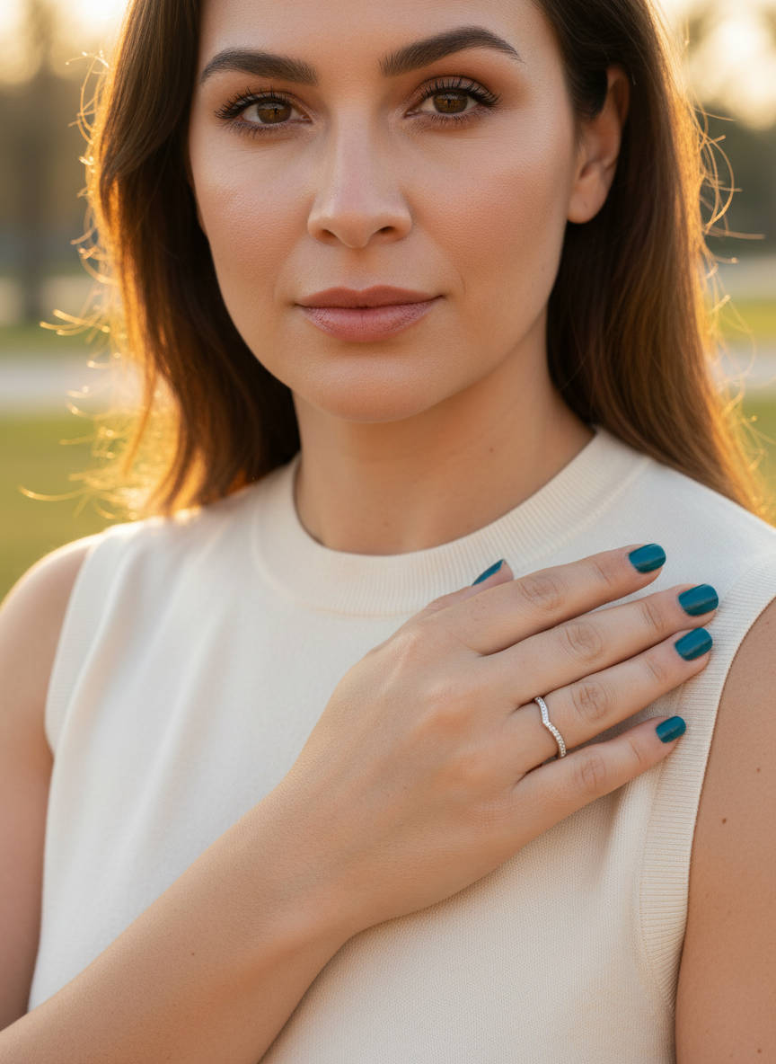 White Gold over Sterling Silver Women's CZ Stacking Thin V Ring