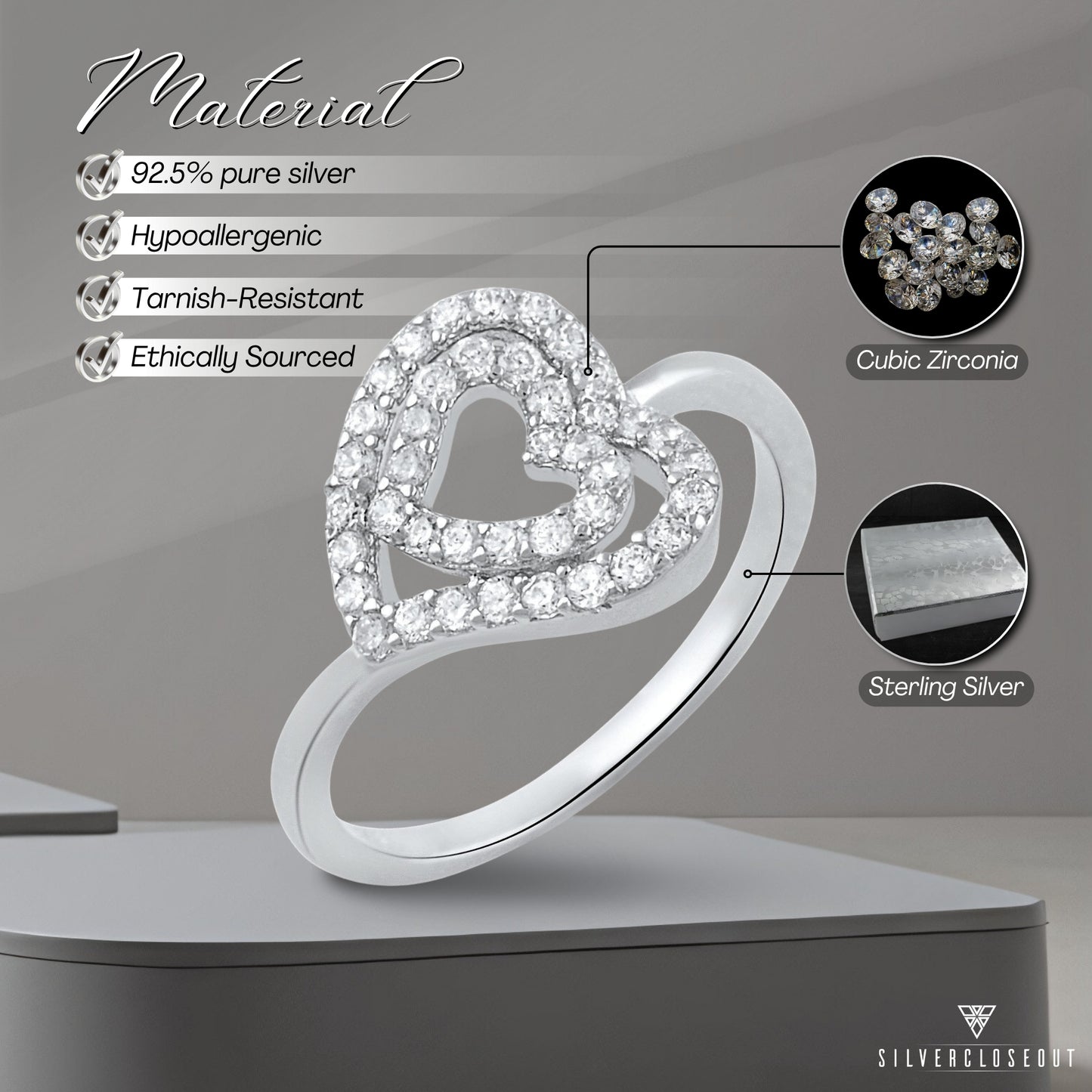 White Gold Over Sterling Silver Womens Dainty Moissanite Sideways Heart Ring