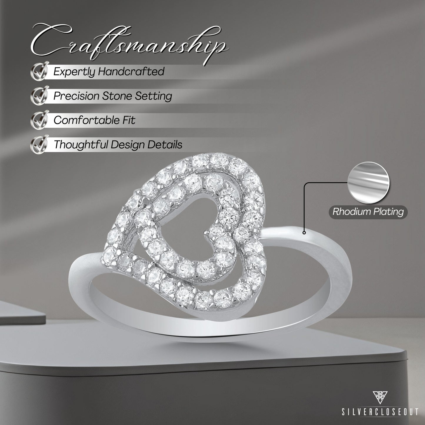 White Gold Over Sterling Silver Womens Dainty Moissanite Sideways Heart Ring