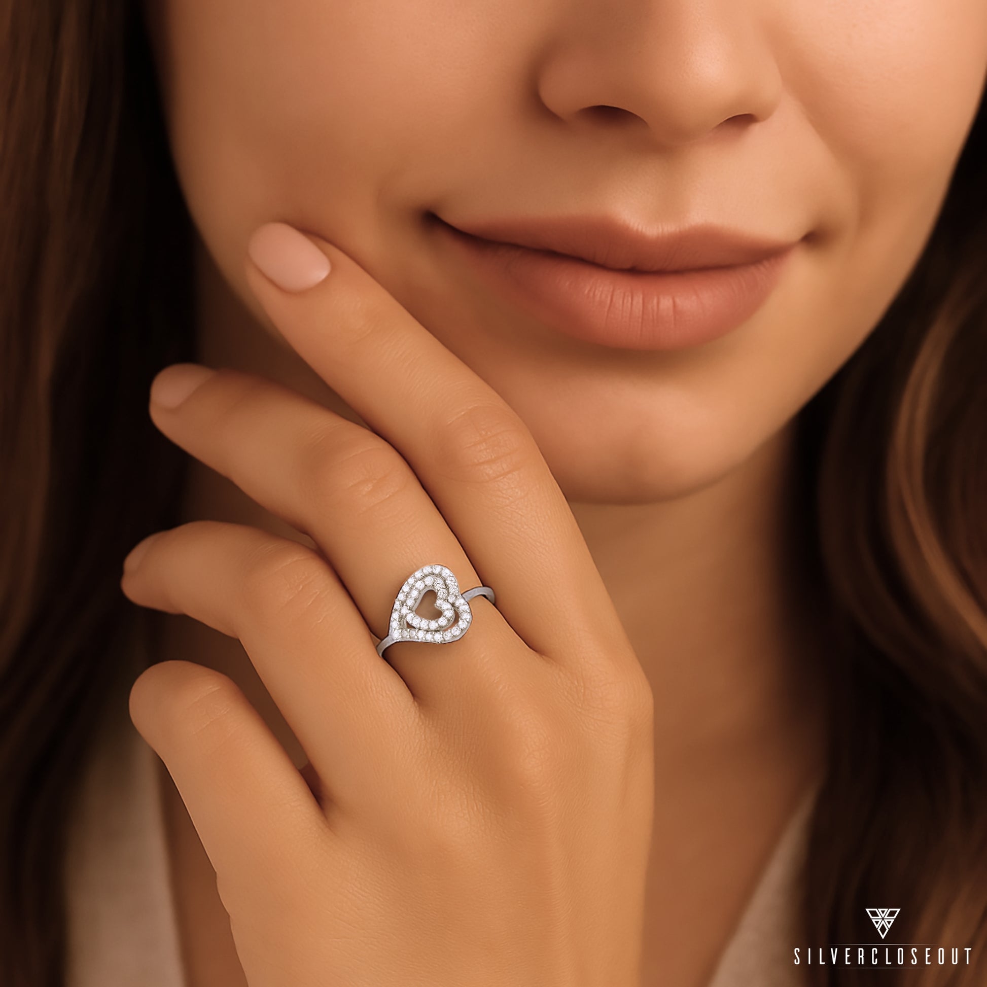White Gold over Sterling Silver Women's Dainty Moissanite Sideways Heart Ring