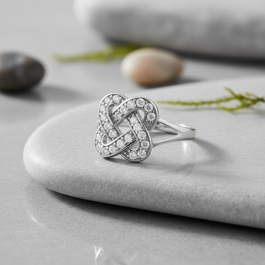 White Gold over Sterling Silver Women's CZ Celtic Lovers Knot Ring
