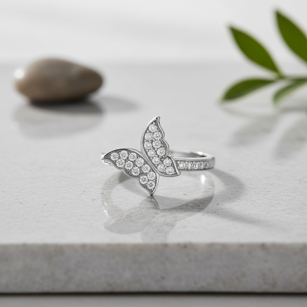 White Gold over Sterling Silver Moissanite Butterfly Ring