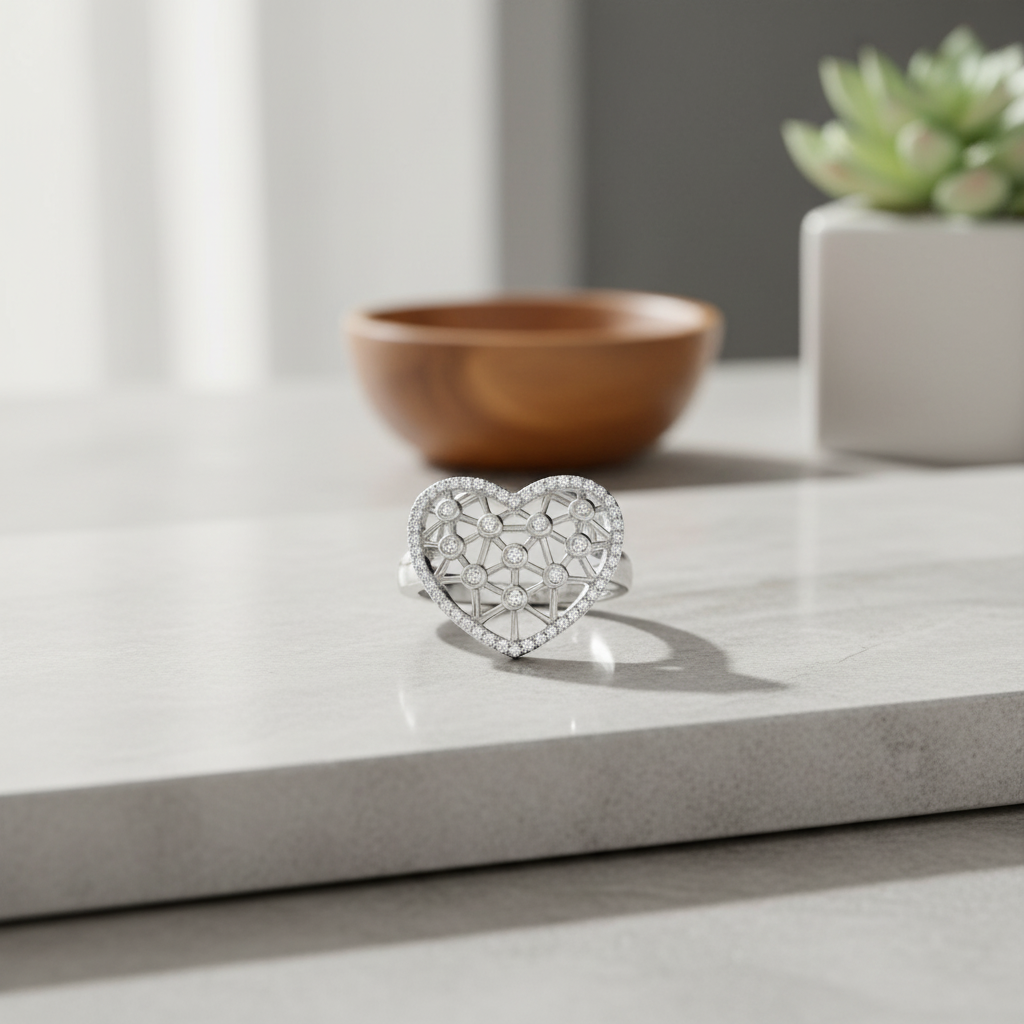 White Gold over Sterling Silver Women's CZ Big Heart Statement Ring 16mm