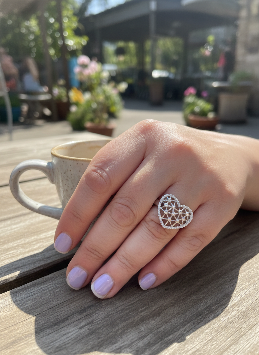 White Gold over Sterling Silver Women's CZ Big Heart Statement Ring 16mm