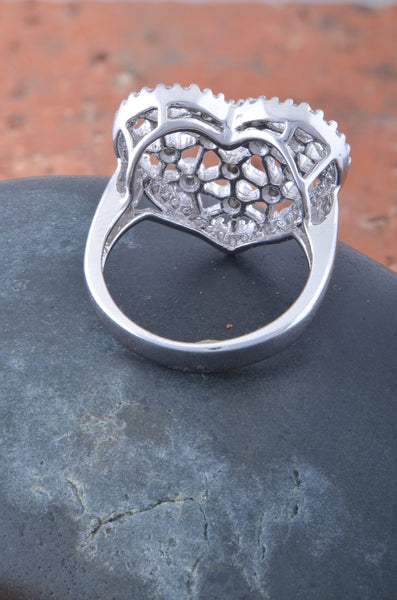 White Gold Over Sterling Silver Womens Cz Big Heart Statement Ring  16mm