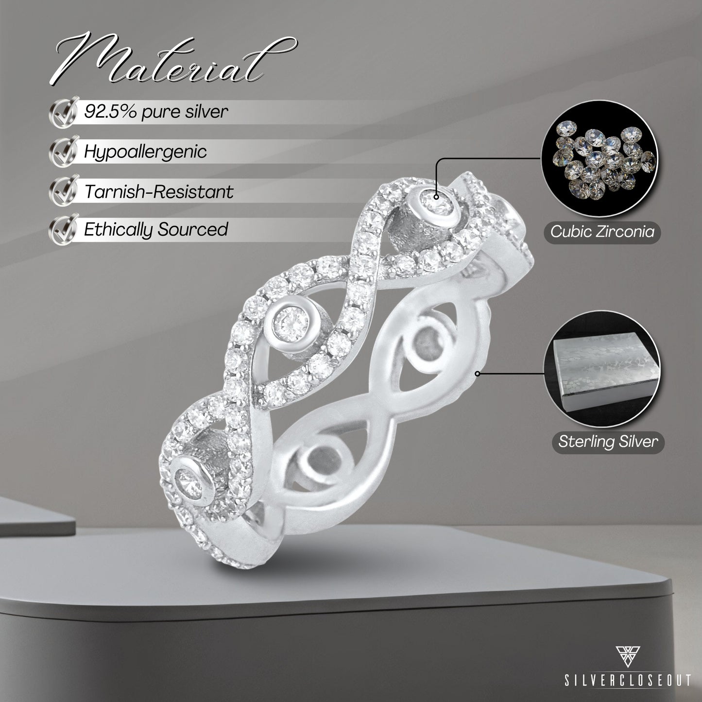 Sterling Silver Simulated Diamond Infinity Eternity Ring, 5mm | SilverCloseOut
