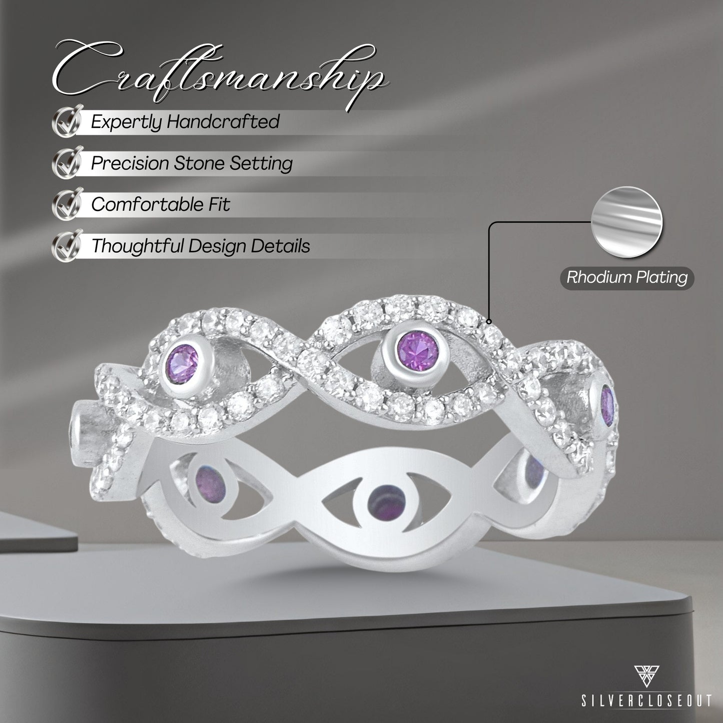 Sterling Silver Red CZ Evil Eye Eternity Ring, 5mm | SilverCloseOut