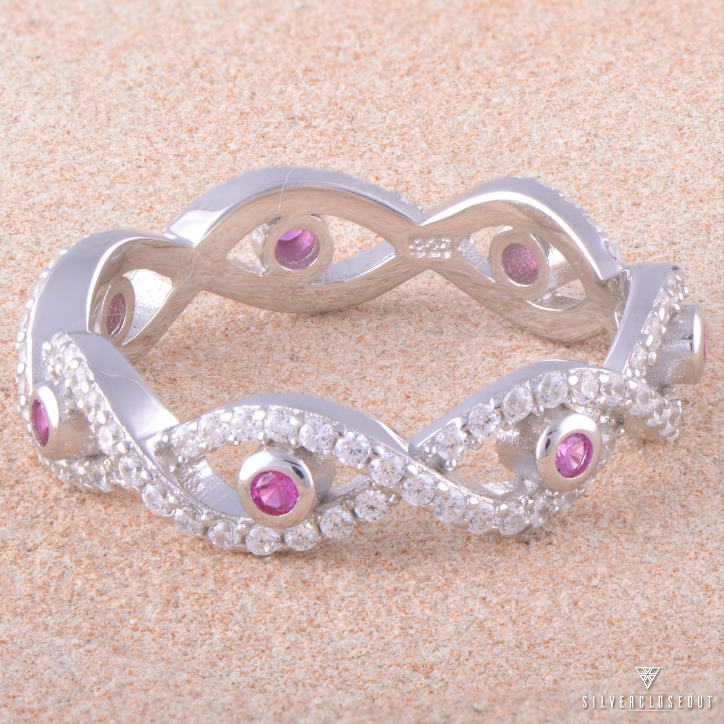 Sterling Silver Red CZ Evil Eye Eternity Ring, 5mm | SilverCloseOut
