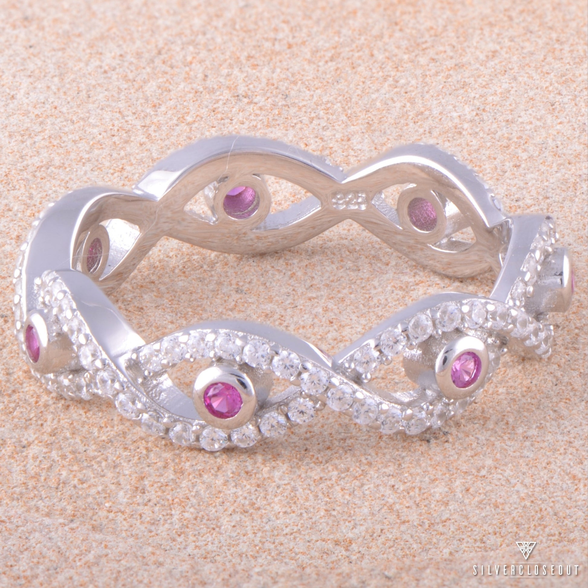 Sterling Silver Red CZ Evil Eye Eternity Ring, 5mm | SilverCloseOut