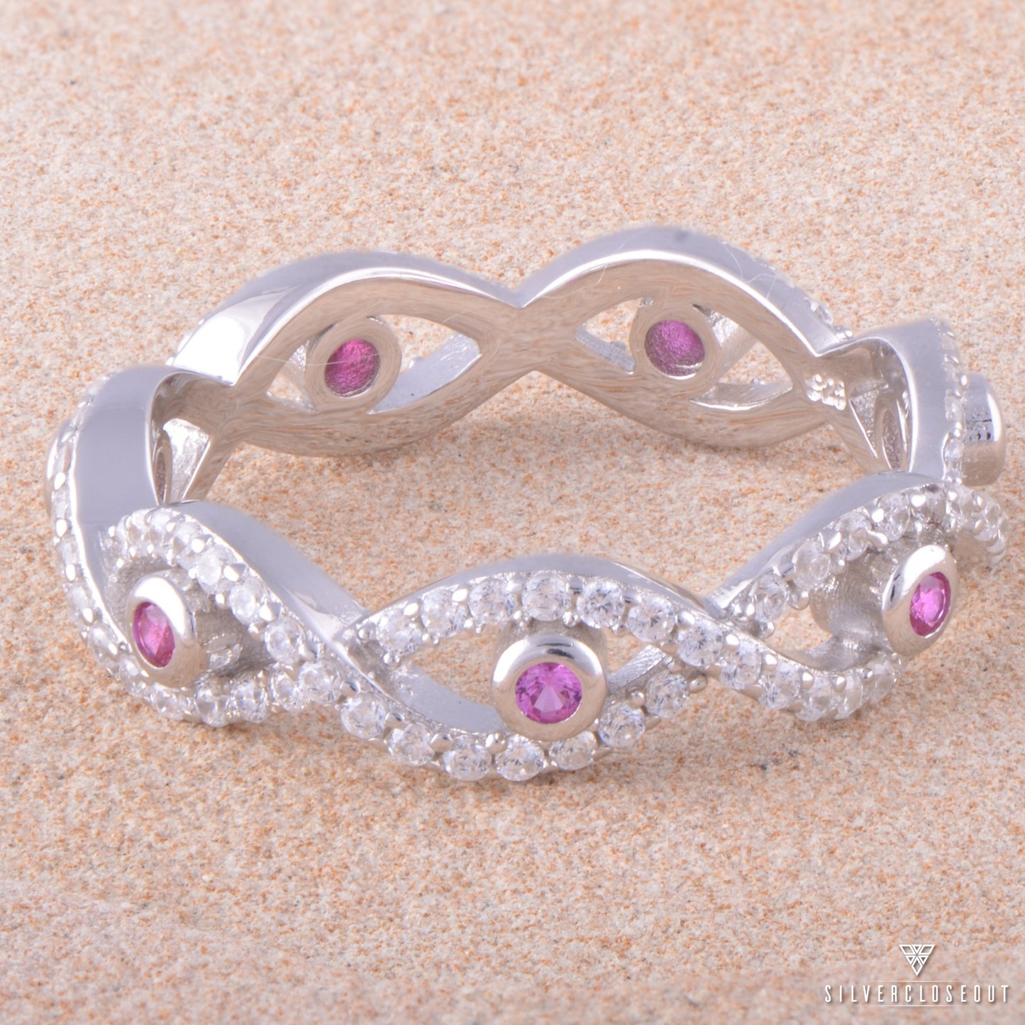 Sterling Silver Red CZ Evil Eye Eternity Ring, 5mm | SilverCloseOut