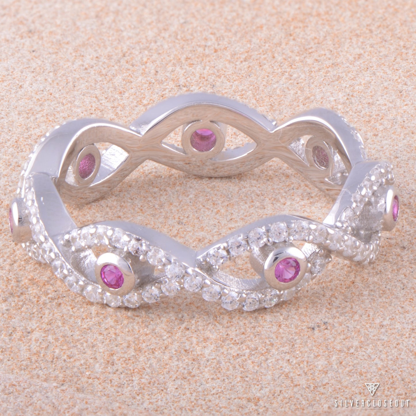 Sterling Silver Red CZ Evil Eye Eternity Ring, 5mm | SilverCloseOut
