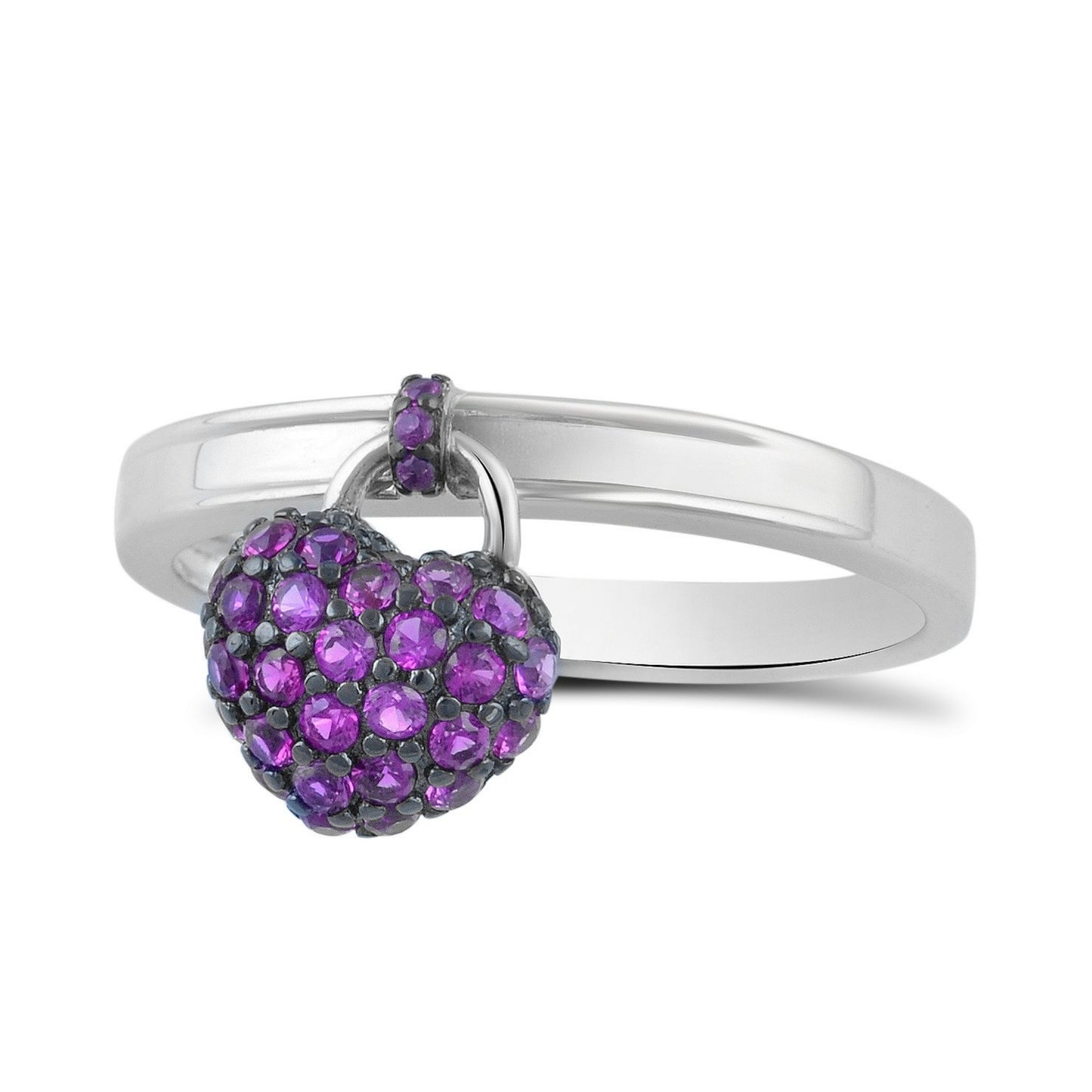 Dainty Heart Stacking Ring in Sterling Silver | Red CZ Dangle Charm | Gift for Her