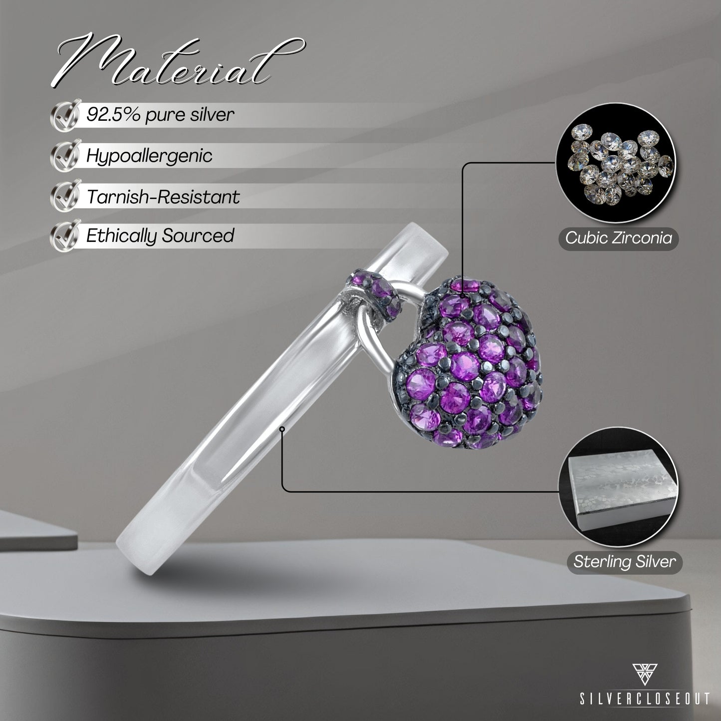 Dainty Heart Stacking Ring in Sterling Silver | Red CZ Dangle Charm | Gift for Her